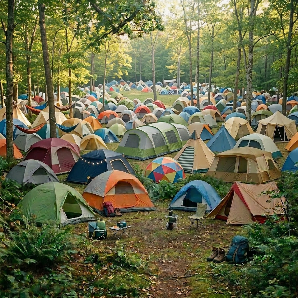 Four tents set up around a campfire in a green forest with people chatting.